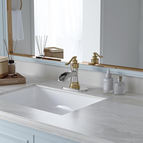 BWE Brass Waterfall Bathroom Faucet, Brushed Gold & Chrome for Modren Style | Wide Waterfall Spout, Ceramic Cartridge, Fits 1 or 3-Hole Sink, Single Handle, Hardware Kit Included, Not for Vessel Sink - color: Chrome & Gold