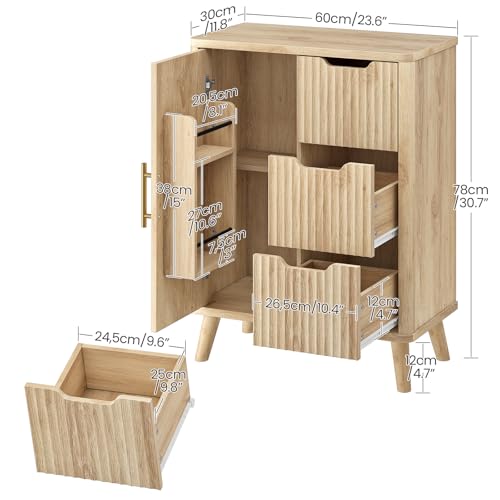 CHOEZON Bathroom Cabinet, Fluted Bathroom Storage Cabinet, Freestanding Floor Cabinet with Door Shelves, Drawers & Adjustable Shelf, Modern Bathroom Organizer for Bathroom, Kitchen, Natural