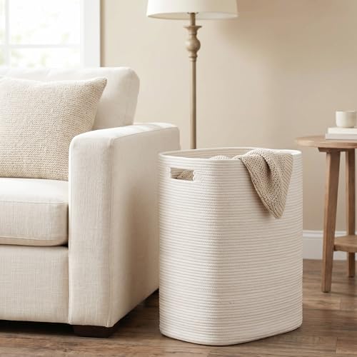 Large Laundry Hamper 16"x13"x22" - Tall Woven Laundry Basket, Cotton Rope Dirty Clothes Hamper, Baby Kids Nursery Wicker Laundry Basket, Bedroom Aesthetic, Soft Laundry Bin, White Hamper, 75L - color: White