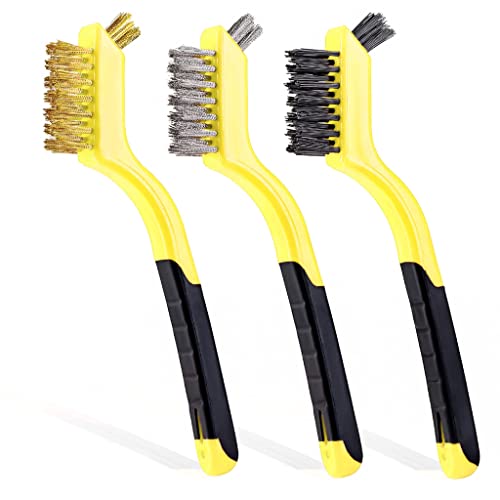 Wire Brush Set 3Pcs - Nylon/Brass/Stainless Steel Bristles with Curved Handle Grip for Rust, Dirt & Paint Scrubbing with Deep Cleaning – 7 Inches (Yellow) - color: Yellow