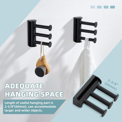 Suyar Towel Hook for Bathroom, Swivel Robe Holder with 3 Arms, Matte Black | 2 Pack, SUS304 Stainless Steel, Wall Mounted - color: Matte Black, size: 2 Pack