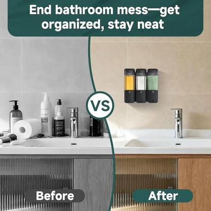 Shampoo and Conditioner Dispenser 3 Chamber 17oz No Drill Shower Soap Dispenser Wall Mounted Shampoo Conditioner Body Wash Refillable Bathroom Shower Dispenser (Black+Smoke Gray 3 Chamber) - color: Black-smoke Gray-3