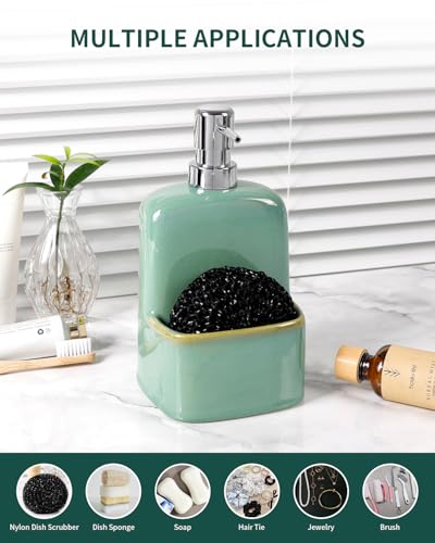 BosilunLife Dish Soap Dispenser - Sage Green Ceramic Kitchen Soap Dispenser with Sponge Holder Matte Ceramic Soap Daddy Dispenser 20oz for Kitchen Soap Pump and Sponges Caddy - color: Sage Green