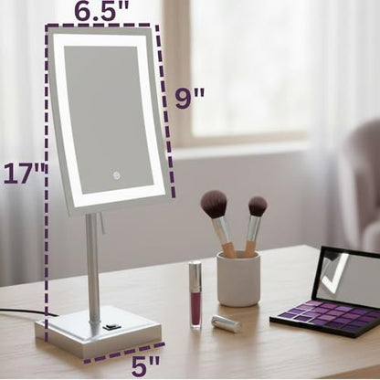 JERDON Lighted Makeup Mirror with 5X Magnification - Nickel - JRT910NL | 6.5" x 9" Rectangular Frame, LED Lighting, 17" Tall - color: Nickel