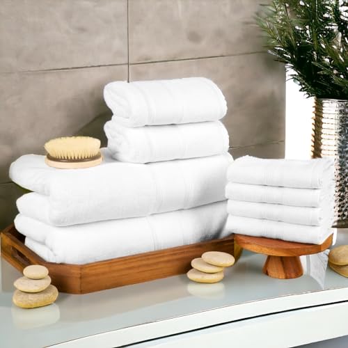 Luzia 8 Piece Bathroom Towel Set - 100% Turkish Cotton, Premium Quality - 2 Bath Towels 2 Hand Towels and 4 Washcloths (White) - color: White