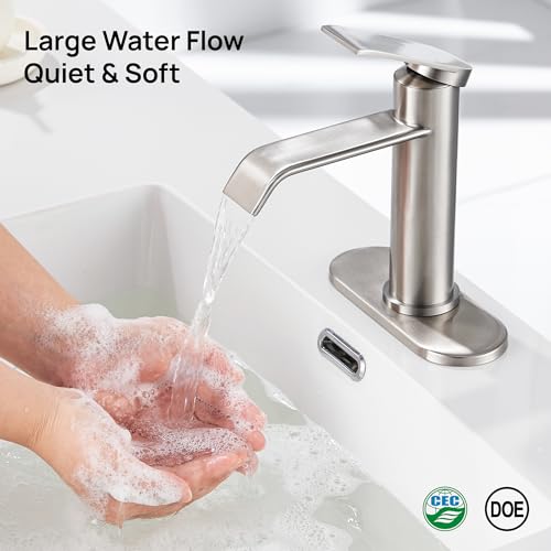 Bathroom Sink Faucet 1 Hole with Metal Pop-up Drain Brushed Nickel | Single Handle Bathroom Faucet with Supply Lines and Deck, Modern Waterfall Bathroom Faucets, for 1 or 3 Hole, G-7001BN - color: Brushed Nickel