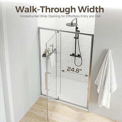 44-48" W x 72" H Pivot Shower Doors, Semi-Frameless Swing Water Repellent Glass Shower Doors with 1/4" (6mm) Clear SGCC Tempered Glass, Chrome Finish, Reversible Installation, Magnetic Closing | 1/4" (6mm) Clear SGCC Tempered Glass with a 24.8" walk-in op