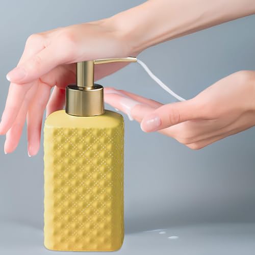 Comeon Hand Soap Dispenser Modern Ceramic Lotion Pump Bottle Yellow | Durable Ceramic Material, 11.84 FL OZ. /350 ML Capacity, Hand Lotion Pump Bottle, Liquid Hand Soap Jar Shower