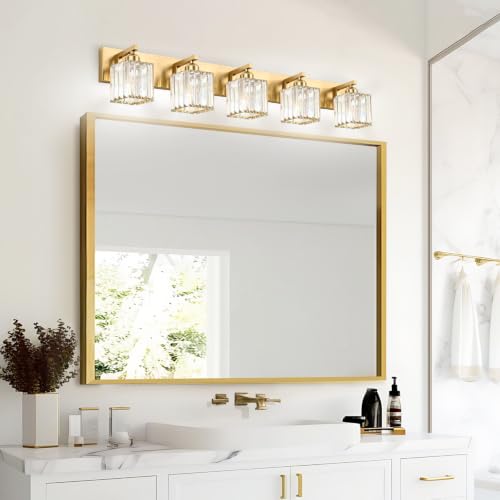 Gold Crystal Bathroom Vanity Light, 5-Light Modern Bathroom Lighting Fixtures Over Mirror,Chrome Wall Sconce Light Fixtures with Square Shade - color: Gold-Square Shade, size: 5-LIGHT