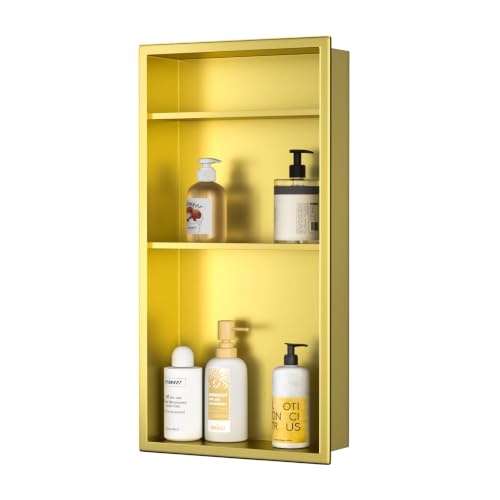 Gold Shower Niche 24" X 12" No Tile Needed Bathroom Niche Shower | Recessed shower niche with double shelves,space-saving,vertical niche, bathroom niche shower for shampoo & soap storage - color: Gold, size: 24"