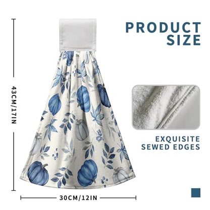 Fall Blue Pumpkin Kitchen Towels with Hanging Loop Autumn Thanksgiving Hanging Hand Towels Seasonal Eucalyptus Maple Leaf Dish Tie Towel Soft Absorbent Fingertip Bath Towel Set of 2 - color: Fall Pumpkin Leaves Blue