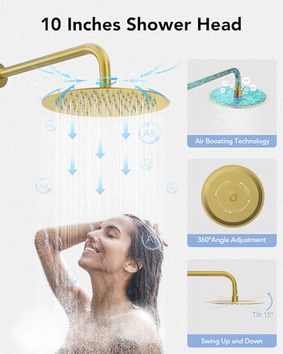 10" High-Pressure Rainfall Shower System with Handheld Spray, Wall Mount Bathroom Shower Faucet Set (Brushed Gold) - color: Brushed Gold, style: No Tub Spout