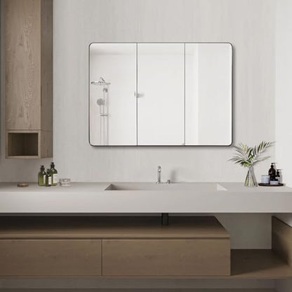 Bathroom Mirror Medicine Cabinet with Round Corner Framed Door 48 x 30 inch, Black，Recessed or Surface Mount, with Adjustable Glass Shelves - size: 48 x 30 inch