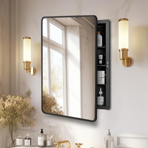 16x24 Medicine Cabinet with Mirror, Black Metal, Recessed or Surface Mount | 3 adjustable metal shelves, soft-close reversible door, 95% assembled; cutout 13.78"W x 19.1"H x 3.86"D - color: Black - Metal, size: 24"L x 16"W