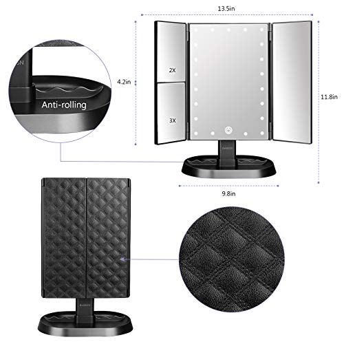 Trifold Lighted Vanity Makeup Mirror with 21 LEDs Lights,1x/2x/3x Magnification and Touch Screen Dimming,Two Power Supplies Makeup Mirror, Gift for Women - color: Black