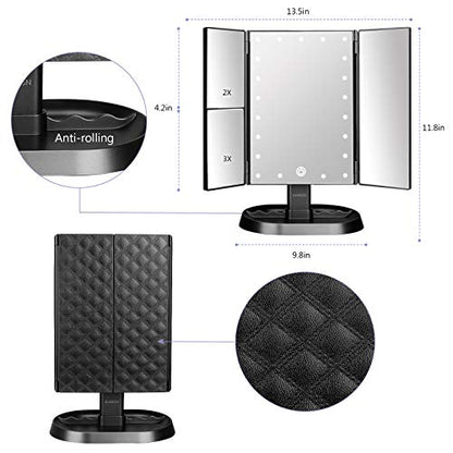 Trifold Lighted Vanity Makeup Mirror with 21 LEDs Lights,1x/2x/3x Magnification and Touch Screen Dimming,Two Power Supplies Makeup Mirror, Gift for Women - color: Black