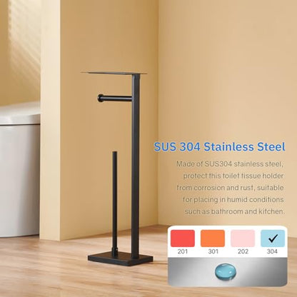 Freestanding Toilet Paper Holder Stand – Stainless Steel Bathroom Tissue Holder with Storage Tray & Roll Organizer, Square Design (Matte Black) - color: Matte Black