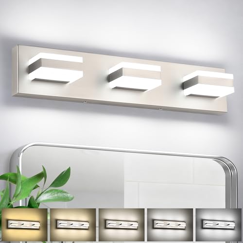 SOLFART Vanity Lighting Over Mirror, 3 Lights Brushed Nickel Bathroom Light, Modern LED Light Fixtures, 5 Color Temperature Adjustable Modern Light for Bathroom ETL Listed - color: Brushed Nickel-5 Color Adjustable & 100%-0% Dimmable Brightness, size: 3-