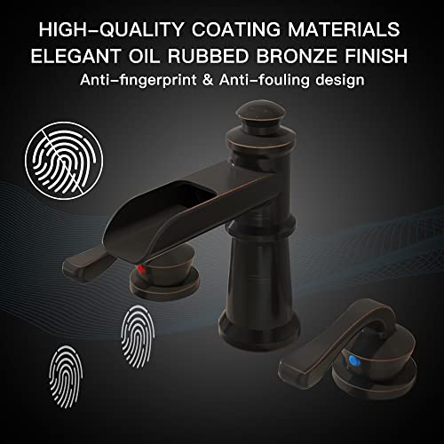 BWE Oil Rubbed Bronze Widespread Waterfall Bathroom Faucet, 3-Hole, Brass | Waterfall Spout, Dual Handle, 3-Hole 8-16 Inch Adjustable Widespread, Ceramic Cartridge, Pop-Up Drain Included, DIY Install - color: Oil Rubbed Bronze