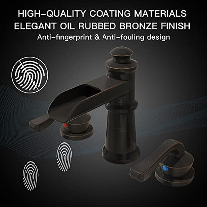 BWE Oil Rubbed Bronze Widespread Waterfall Bathroom Faucet, 3-Hole, Brass | Waterfall Spout, Dual Handle, 3-Hole 8-16 Inch Adjustable Widespread, Ceramic Cartridge, Pop-Up Drain Included, DIY Install - color: Oil Rubbed Bronze