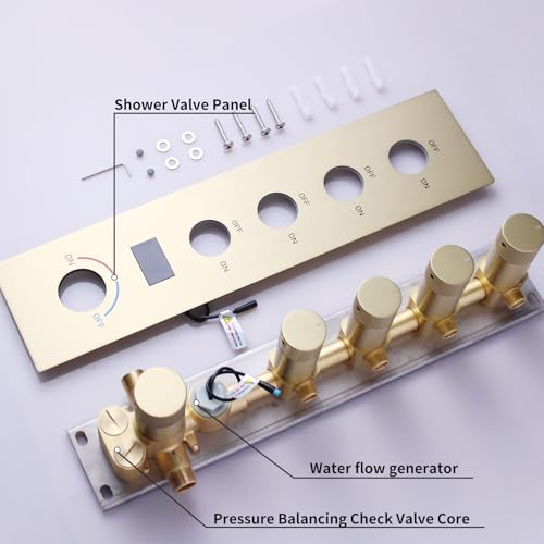 Brushed Gold Shower System Temperature Display Shower Faucet Set | 12 inch and 8 inch Full Body Shower Head, with 6 PCS Body Jet and Handheld Spray - color: Brushed Gold, size: 12+8 inch