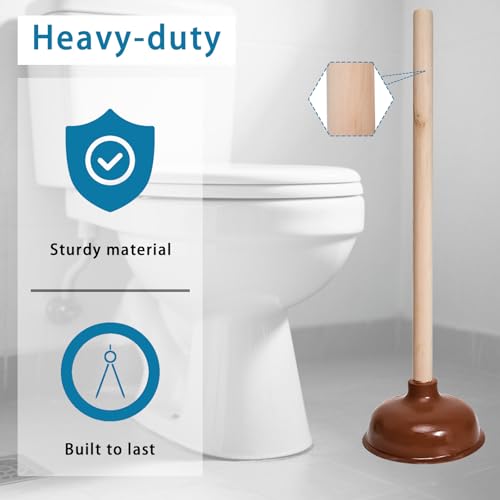 10 Pcs Toilet Plungers with 18 Inch Long Wooden Handle Heavy-duty Design, Strong Force Suction Cup Rubber Plunger for Bathroom, Fix Clogged Toilets, Drains, and Sinks (Brown)