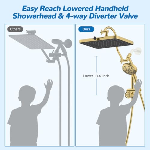 Hibbent cUPC Certified High Pressue 13'' Rainfall Shower Head with 5-Spray | Shower Heads with Handheld 10-Spray Combo, All Metal Easy Reach 4-way Diverter Arm, 71'' Hose & Holder, Brushed Gold - color: Brushed Gold, style: Square 13"