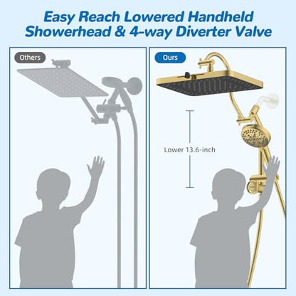 Hibbent cUPC Certified High Pressue 13'' Rainfall Shower Head with 5-Spray | Shower Heads with Handheld 10-Spray Combo, All Metal Easy Reach 4-way Diverter Arm, 71'' Hose & Holder, Brushed Gold - color: Brushed Gold, style: Square 13"