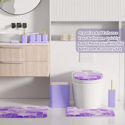 XLHOMO Bathroom Set - 26PC Bathroom Set with Shower Curtain and Rugs, Bathroom Accessory Set, Purple Bathroom Accessories Set, Trash Can & Soap Dispenser - style: Purple&Gold