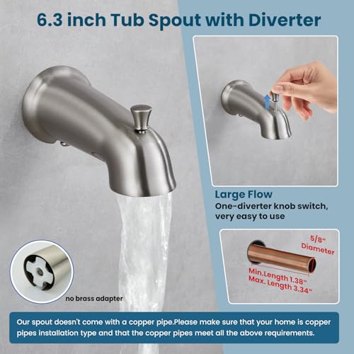 gotonovo Tub Shower Faucet Set with Valve 6 Mode Handheld Brushed Nickel | Bathtub Faucet Set,6 Mode ABS Handheld Spray,6.3’’ Metal Tub Spout,Brass Valve Trim Kit,Shower Head and Handle Kit,Wall Mount - color: Nickel