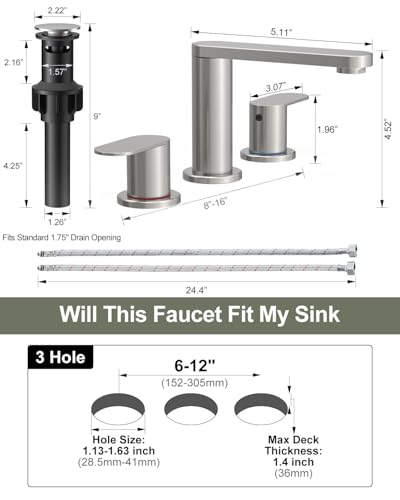BWE Brushed Nickel Bathroom Faucet 3 Hole 8 Inch Widespread Sink Faucets | Stainless Steel Bathroom Faucets with Pop-up Drain and Supply Lines, 360° Swivel Spout 2-Handle Sink Faucet for Bath Vanity - color: Brushed Nickel, size: 8 Inches Widespread