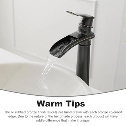 BWE Bathroom Vessel Sink Faucet Waterfall Spout Single Handle One Hole | Oil Rubbed Bronze Tall Vessel Lavatory Vanity Bathroom Faucet with Pop Up Drain and Supply Hose,Solid Brass,Deck Mount - color: Oil Rubbed Bronze, size: 11.81 inch Vessel Version