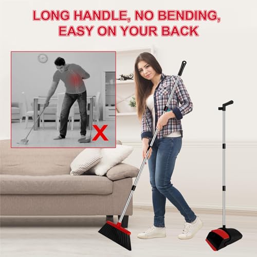 Broom and Dustpan Combo Set, 51" Long Handle with Silicone Squeegee | Wet & Dry Cleaning for Pet Areas, Built-in Comb Dustpan, Foldable Space-Saving Storage, Multi-Surface Floor Cleaning - color: Red