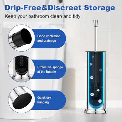 Toilet Brush and Holder Set：304 Stainless Steel Heavy Duty Toilet Bowl Brush，Removable Inner Bowl and Splash Protection，Bathroom Toilet Brush-Dense Bristles for Through Cleaning - color: Chrome