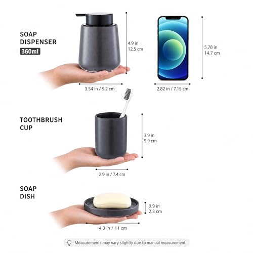 Ceramic Bathroom Accessories Set, foaming soap Dispenser,Bathroom soap and Toothbrush Holder Set,4 Piece with Soap Dispenser, Soap Dish, Toothbrush Holder and Cup, Grey