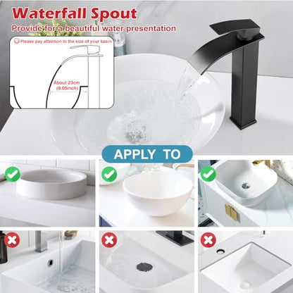 Midanya Waterfall Tall Bathroom Vessel Sink Faucet,Matte Black | with 24” cUPC Water Hoses,Pop Up Drain without Overflow,for 1 hole Vanity,RV,Lavatory,Bowl,Farmhouse,SUS304,Single Handle - color: Black