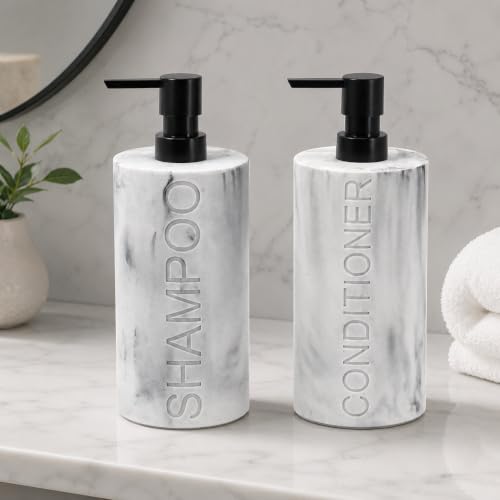 Marble Resin 2 Piece Shampoo and Conditioner Dispenser Set, Luxurious Refillable Pump Bottles with Matte Pump Top and Embossed Text, Durable Design for Bathroom and Shower - color: 2pack Marble Shampoo and Conditioner Set