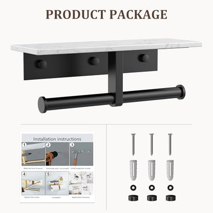 BWE Double Toilet Paper Holder with Shelf Wall Mounted Tissue Roll Holder | Commercial Toilet Paper Dispenser for Bathroom Marble Toilet Paper Storage Holder with Phone Shelf (Matte Black) - color: Double Black