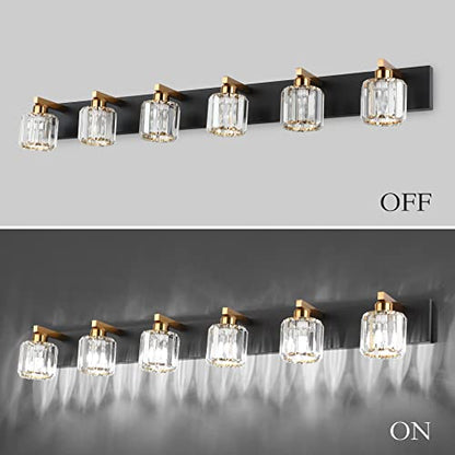 Aipsun Bathroom Light Fixtures Crystal Vanity Light Black and Gold 6 Lights Vanity Lighting Fixtures (Exclude Bulb) - color: Black Gold (Round), size: 49 inch