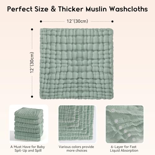 Unnivoll Muslin Burp Cloths Baby 12''X12'', Baby Washcloths 6 Pack, 100% Cotton Baby Wash Cloths Absorbent and Soft for Newborn Infants Kids Boys Girls - Apricot Green Sapphire Blue - color: Apricot Green Sapphire Blue