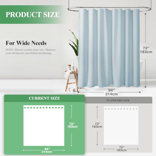 Extra Wide Waffle Shower Curtain 256 GSM Fabric 84x72 Fog Blue | 84 Inch Wide, Thick Cloth, Weighted Hem, Water Repellent, Hotel Luxury Polyester Shower Curtain Set for Bathroom 14 Hooks - color: Fog Blue, size: 84"W x 72"L (Pack of 1)