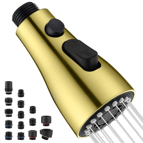 Kitchen Faucet Head Replacement, 15 Adapters, 3-Mode Pull Down Sprayer Head | 3 Functions Stream Spray Pause, Easy 5-Min Install, Pull Out Nozzle, Brushed Gold, Compatible with Moen Delta Hansgrohe - color: Brushed Gold
