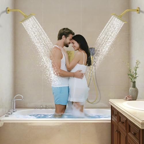 Bathtub Shower System 6-Inch Dual Overhead Rain Showers with 3-Function Handheld Showerhead & Power Jet | Complete Set with Diverter Valve (Brushed Gold)