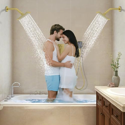 Bathtub Shower System 6-Inch Dual Overhead Rain Showers with 3-Function Handheld Showerhead & Power Jet | Complete Set with Diverter Valve (Brushed Gold)