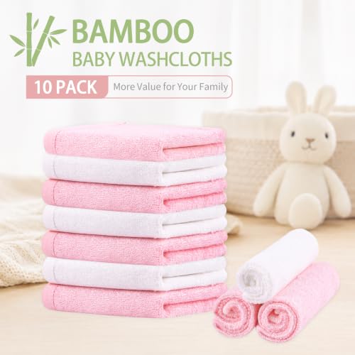 Baby Washcloths 10 Pack Rayon from Bamboo Ultra Soft Absorbent Terry Wash Cloth 10" x 10" Bath Towels for Face Burp Wipes Reusable Lightweight Newborn Essentials Shower Gift Set - color: Pink