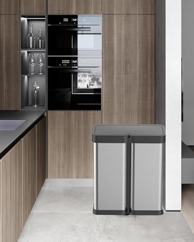 OUTLANE 2x8 Gallon/60L Dual Kitchen Trash Can, Motion Sensor Dual Garbage Can with Soft Close Lid, Automatic Stainless Steel Recycle Bin Combo for Kitchen, Bathroom, Office