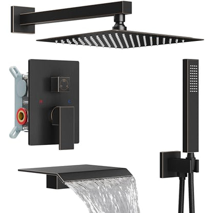 Midanya Shower System with Tub Spout,Bathtub Shower Faucet Set with Square Rainfall Head and Handheld Sprayer Wall Mount Tub Faucet Set with Valve and Trim Kit,10 Inch Oil Rubbed Bronze - color: Oil Rubbed Bronze, size: 10 Inch
