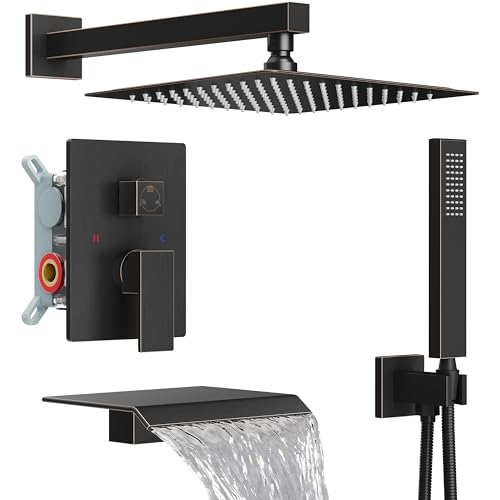 Midanya Shower System with Tub Spout,Bathtub Shower Faucet Set with Square Rainfall Head and Handheld Sprayer Wall Mount Tub Faucet Set with Valve and Trim Kit,10 Inch Oil Rubbed Bronze - color: Oil Rubbed Bronze, size: 10 Inch