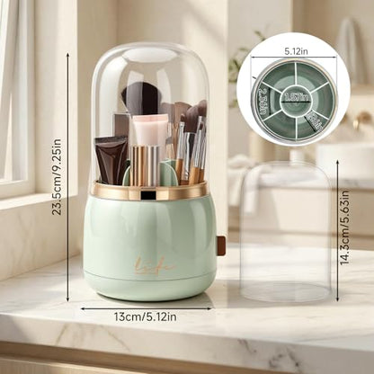 360º Rotating Toothbrush Holder with Cover, Dustproof Waterproof Cosmetic Organizer, 7-Slot Bathroom Countertop Organizer with Drainage for Makeup Brushes, Electric Toothbrushes, Toothpaste - color: Green