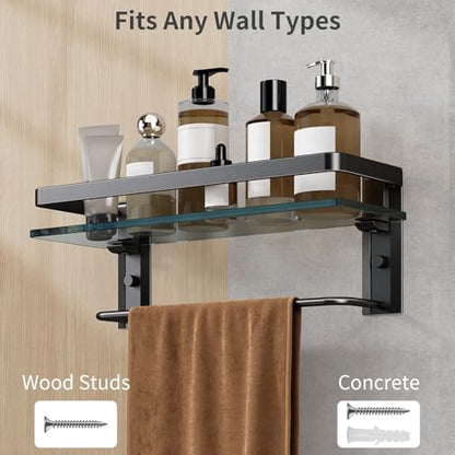 Bathroom Wall Shelf with Towel Bar, Clear Tempered Glass, Hand Towel Holder (Matte Black) - color: Black, size: Shelf with Towel Bar